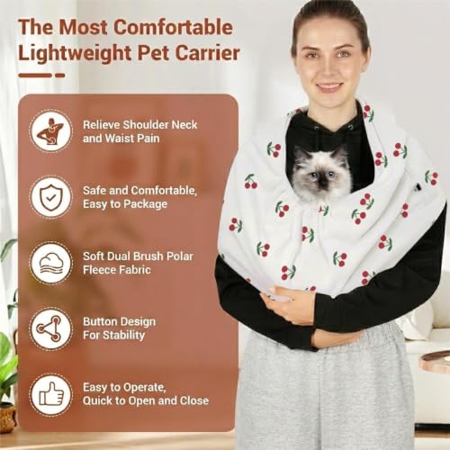 Hands-Free Cat Sling Carrier for Small Dogs & Cats, Soft Fleece | Wide Shoulder Strap for Back Pain Relief, 3-14 lbs Small Animals, Cozy Indoor/Outdoor (Cherry) - color: Cherry