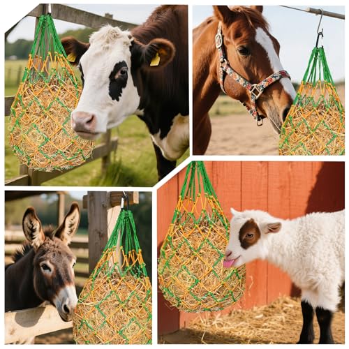 2Pcs Hay Bags for Horses, 40" Hay Nets for Horses with 2 Hooks & 2 Gloves, Durable Hanging Hay Feeder Net for Goat Horse, Strong Load-Bearing Slow Feed Hay Net for Horse Trailer