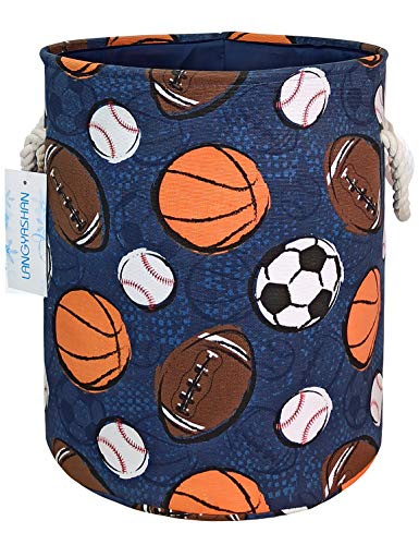 Round Thick Navy Ball Game Laundry Basket Collapsible Organizer Boys Girls | Canvas Foldable Storage Hamper Sturdy Rope Handles for Household Gift Baskets Bedroom Clothes Toys Children Nursery - color: Navy Ball Game