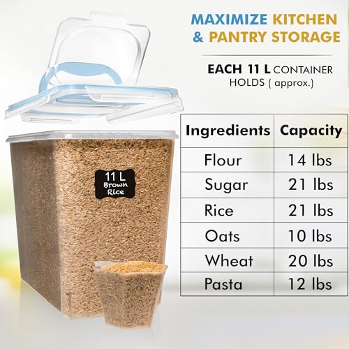 Shazo 2 PC (11L | 372 oz) Flour Sugar Storage Containers with Spout Lid & Easy Carry Handle - BPA Free Extra Large Airtight Food Storage Containers with Lids - Rice Canisters Sets for Kitchen & Pantry - color: Blue