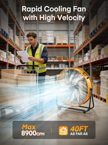 FOHERE 24 Inch High Velocity Industrial Drum Fan, Up to 8,900 CFM | 3-speed control, 360-degree tilt, metal frame, wheels, for garage, warehouse, workshop, gym, barn