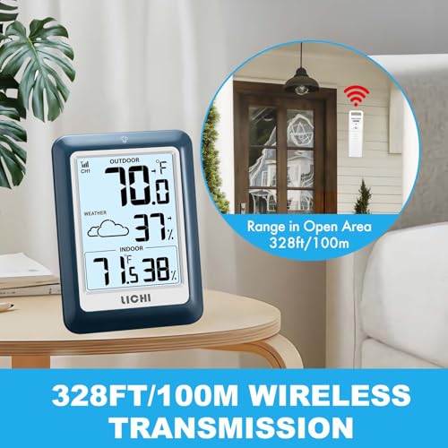 Indoor Outdoor Thermometer Wireless Weather Station, Internal External Thermometer Hygrometer, Home Batteryoperated Temperature Humiditymonitors330 Feet (About 100 Meters) Backlight Display (Blue) - color: Blue