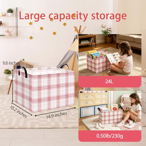 Pink Plaid Waterproof Multipurpose Foldable Storage Cift Basket with Leather Handle,Baby shower,Home,Picnic,Trunk(Pink Plaid) - color: Pink Plaid