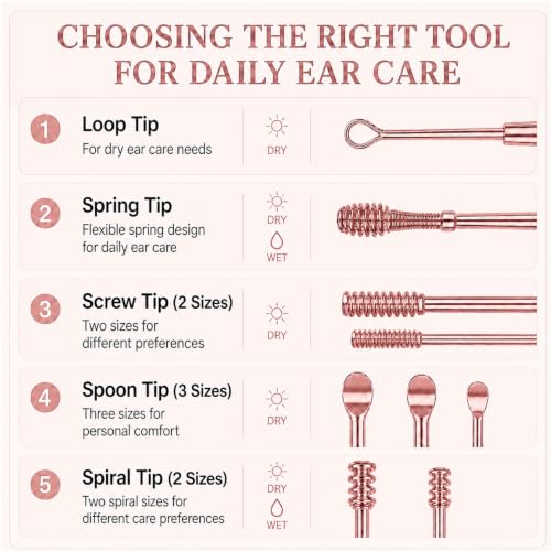 Hion 6 Pcs Ear Wax Removal Kit,Professional Double-Headed Ear Pick Earwax Removal Tools,316L Stainless Steel Ear Cleaner Curette with Cleaning Brush and Storage Box,Suit for Kid Adult(Rose Gold) - color: Rose Gold