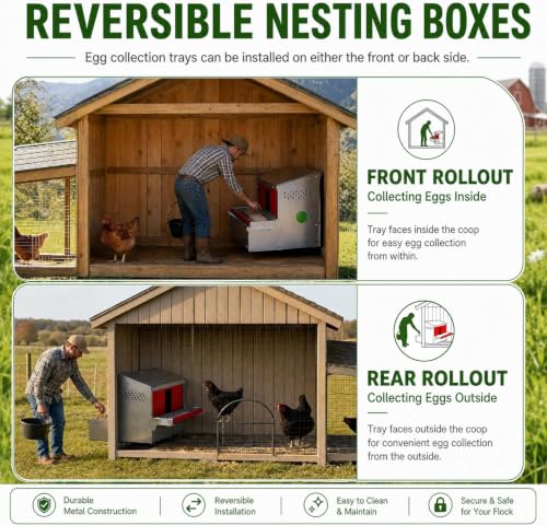 Chicken Nesting Box, Metal Chicken Laying Box with Roll Away Egg Collection | Reversible Wall Mountable Chicken Coop Nesting Boxes for Hens, Ducks, 24"×17.5"×20.3", Up to 20 Hens