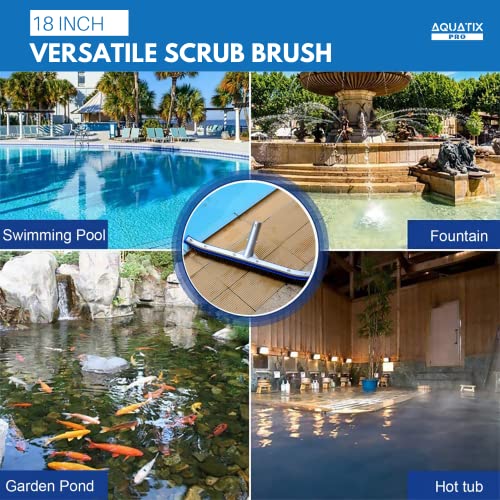 Aquatix Pro Pool Brush Head, 18" Heavy Duty for Cleaning Walls & Floors | Stainless Steel Bristles, Reinforced Aluminum Back, Curved Ends for Corners, EZ Clip, Swimming Pool Brushes for Tiles & Steps