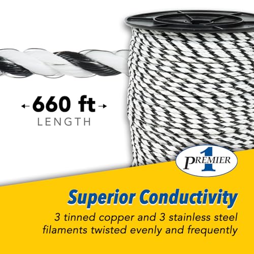 Premier 1 IntelliRope® PE 6.0 Electric Fence Rope – 6mm, 660 ft | 3 tinned copper + 3 SS filaments. Resists wear & abrasion. 10-year probable life. For permanent & portable fences.