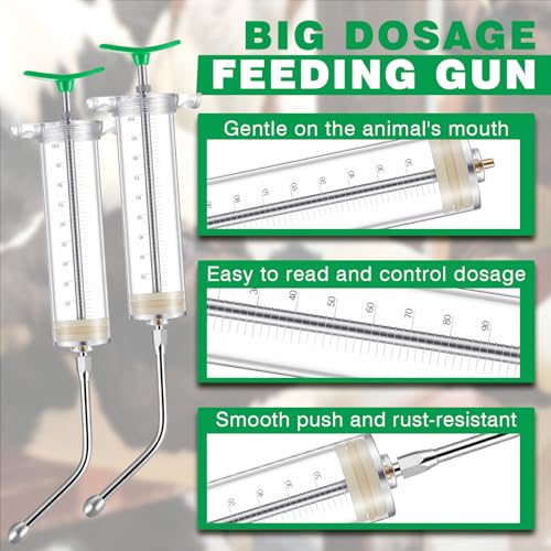 Threlaco 100ml 2 Pcs Drench Gun for Goats, Sheep & Cattle, Green | Reusable Large Goat Drench Syringe, Adjustable Veterinary Medicine Feeding Syringe, Continuous Dosing for Livestock, Horse - color: Green, size: 100ml