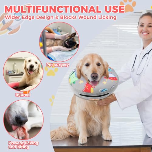 PAWCHIE Inflatable Dog Cone Collar Alternative, Soft Dog Cone for Medium to Large Dogs After Surgery, Adjustable Neck Recovery E-Collars Donut Collar with Cute Dinosaur Prints, Grey XL - color: Grey, size: XL(Neck:18"-21")