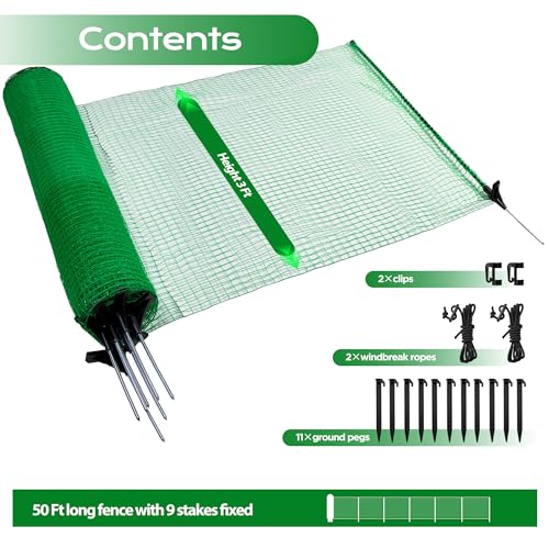 HIDALIFE Temporary Fence with Posts,3‘x50‘ Safety Barrier for Dog Snow Plastic Mesh Fencing with Fiberglass Stake Windbreak Rope,Movable Fencing Roll for Garden Backyard Outdoor Animal Protect - size: 3'x50'