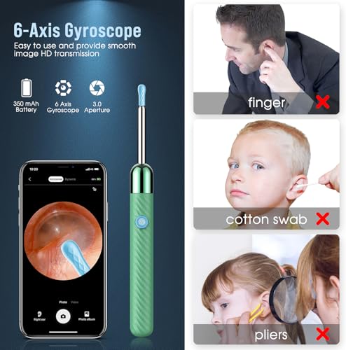 LEIPUT Ear Wax Removal - Earwax Remover Tool with 8 Pcs Ear Set - Ear Canal Cleaner with 1080P Camera - Ear Cleaning Kit with 6 Ear Spoon - Ear Camera for iOS & Android (Green) - color: Green