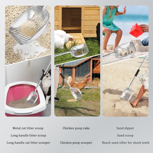 Cat Litter Scoop & Chicken Poop Scooper - Heavy Duty Stainless Steel Long Handle with Sifting Holes for Litter Box/Coop/Sand - Includes Poop Rake, (16.5-62.5")