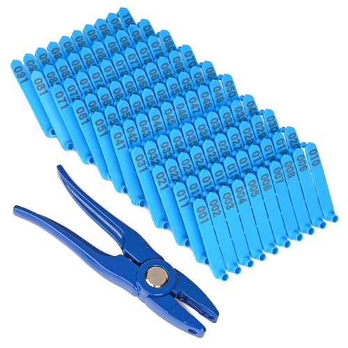 Numbered Goat Ear Tags 001-100 with Livestock Ear Tag Applicator | Small Livestock Ear Tags, Pre-numbered Sheep and Goat Ear Tags with Numbers (Blue) - color: Blue
