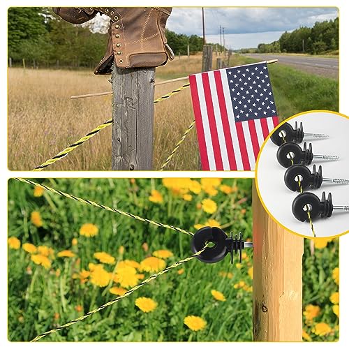 Kanayu 52 Pcs Electric Fence Kit Include 1640 ft Poly Wire 25 Black Fence Ring Insulators 25 Yellow T Post Insulators Socket Tool for Pet Animal Horse Cattle Livestock Pasture - size: 1640 ft