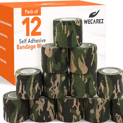 Self Adhesive Bandage Wrap 2 Inch x 5 Yards – Pack of 12 Camouflage Cohesive Bandage, Non-Woven Vet Wrap for Dogs and Pets –Breathable Elastic Bandage Wrap for Ankles & Joint Sprains