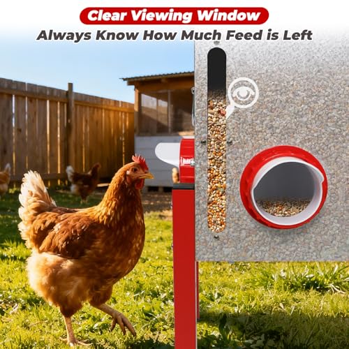 Automatic Chicken Feeder 50LBS Large Capacity, 8 Anti-Waste Ports Metal Poultry Feeder with Height Adjustable Stand, Waterproof Rodent Proof Feed Box with Lid Viewing Window for Hens Ducks Geese - size: 50LBS