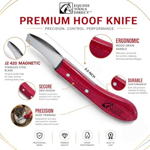 Farrier Loop Hoof Knife, Right-Hand, J2 420 Magnetic Stainless Steel Blade, Ergonomic Red Handle, Horse Hoof Trimming Tool for Sole & Frog Paring