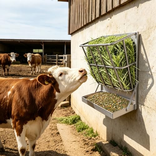 2 in 1 Wall Mount Hay and Grain Feeder, 25 Gallons Livestock Feeder | Galvanized Steel Wall Hay Rack, Hanging Hay Feeder with Mounting Kit for Goats Sheep Horse, Slow Feeder for Goats with Trough - color: Silver