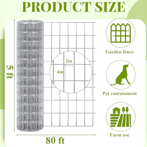 Gisafai 60in x 80ft Welded Wire Fence, 2 Inch x 4 Inch 16 GA, Galvanized Metal Garden Fence Roll Wire Mesh Netting for Goat Deer Cattle Animal Enclosures and Yard Vegetable Plant Protection,Silver | Metal Chicken Wire Fence, Hardware Cloth Wire Roll, Cage