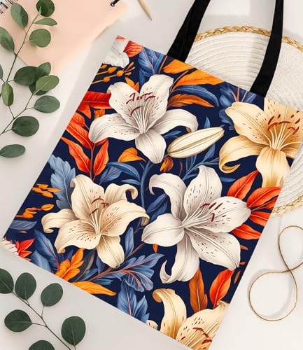 Aesthetic Floral Canvas Tote Bag - Reusable Shoulder Tote Bag for Women Lady Casual Vacation, Shopping, Work, Gym - color: 2