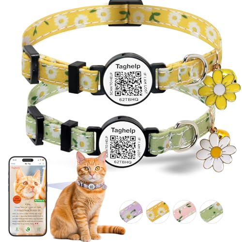 QR Code Breakaway Cat Collar 2-Pack, Safety Collar with Online Pet ID Profile, Flower Bell Collars for Lost Cat Prevention,Ideal for Girl Cats Boy Cats(Yellow&Green) - color: Pastoral style - Yellow & Green