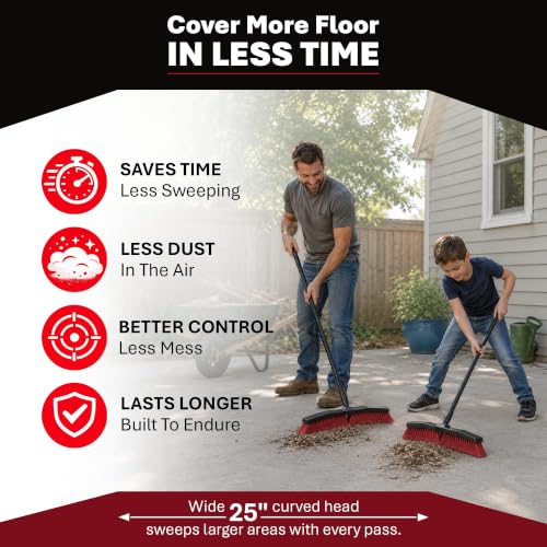 Da Vinci Heavy Duty Outdoor Push Broom, 25-Inch Head, 64" Length | 3-piece alloy steel handle, soft & stiff PVC bristles, sweeps garage, patio, concrete, tile & hardwood floors