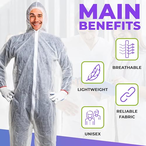 AMZ Medical Supply Disposable Coveralls with Hood and Boots, 4X-Large White, 25 Pack, Lightweight Polypropylene Paint Suit, Zipper Front, Elastic Wrists, Unisex Work Coveralls - size: 4X-Large / 25 Pack