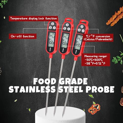 6 Pcs Instant Read Meat Thermometer Long Probe,Red | Probe Waterproof Digital Thermometer, For Cooking BBQ Water Milk Liquids, Quick Accurate Food Temperature - color: Red
