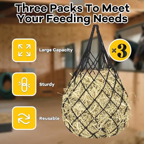 YedsIntu 3 Pcs Hay Bags for Horses, Hay Nets for Horses Goat Sheep,Goat Hay Feeder for Slower Feeding,Strong Load-Bearing Hay Bag Hanging for Horse Stable Trailer (Black) - color: Black
