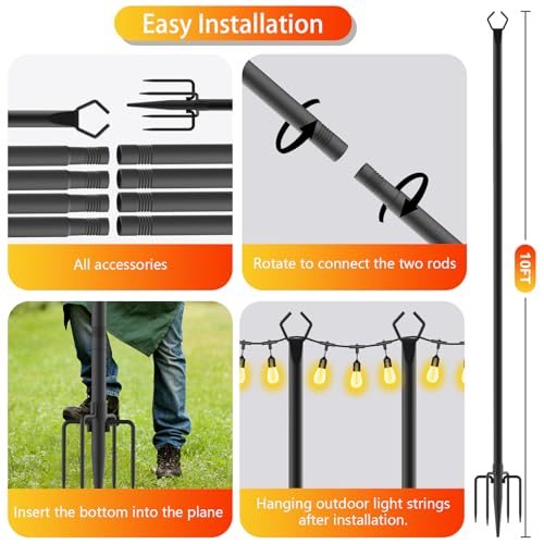 LETIANPAI 8 Pack String Light Poles,10 FT Metal Poles with Fork for Outdoor String Lights,Outdoor Light Poles with Fork,Poles/Post/Stand for Outside - size: 8 Pack 10FT