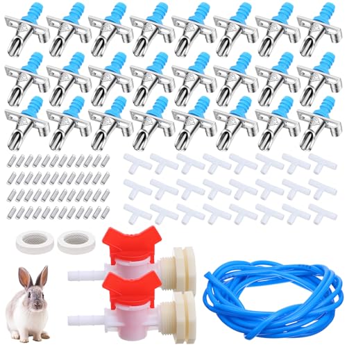 24 Pack Automatic Rabbit Waterer System Kit with 24 Drinking Nipples, 20ft Hose, Valves & Filters for Small Animal Cages - Galvanized Steel & Plastic Construction