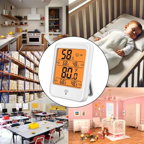 Digital Thermometer Hygrometer, Indoor Humidity Monitor with Backlight | Max/min record, magnetic mount. Ideal for baby room, bedroom, home, office, wine cellar, white
