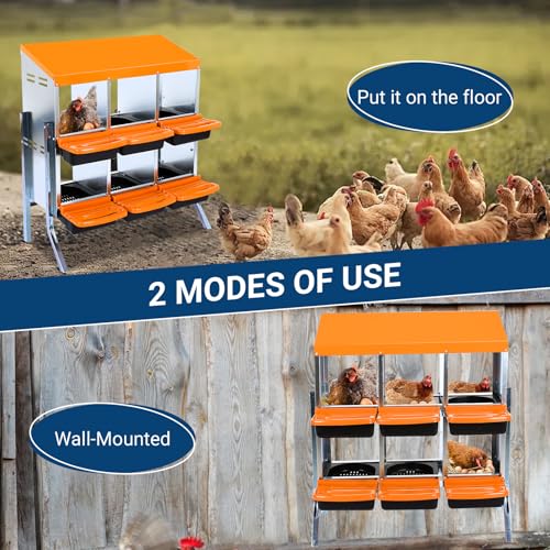 Nesting Boxes for Chickens, 6 Compartments Chicken Nesting Box, Chicken Laying Boxes with Lid Cover, Roll Away Nesting Box for Chickens Laying Egg, with Metal Bracket, Orange