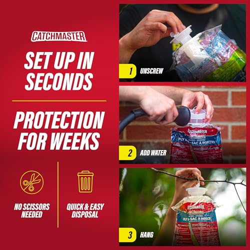 Catchmaster Disposable Outdoor Fly Trap, 2 Hanging Bags with Bait | Catches house, bottle & blowflies, Holds up to 30,000 flies, Food-based lure, no spray needed, For backyards, patios & decks