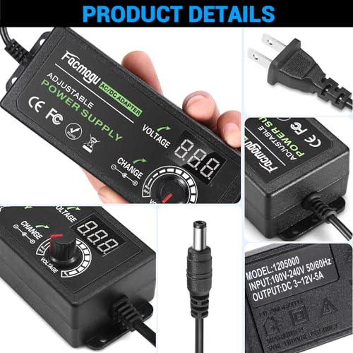 Facmogu 3V-12V 5A 60W Power Supply, Adjustable Voltage DC 3V 5V 6V 9V 12V | Variable Universal AC/DC Adapter | LED Display | 100V-240V AC to DC Switching Converter | Multi-Voltage Regulated Adaptor - size: 3-12V 5A