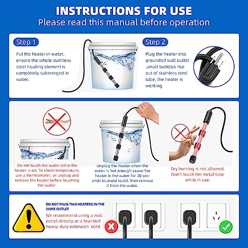 2000W Portable Immersion Water Heater, Made with 304 Stainless Steel and Safety Silicone Cover. Ideal for Bathtubs, Pools, Buckets, Livestock. Heats 5 Gallons of Water Quickly, Easy to Use