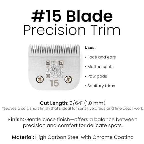 Fresh 15 Dog Grooming Blade, 3/64" (1.0 mm) Cut, Fits Andis, Oster, Wahl A5 Detachable Clippers, High-Carbon Steel with Chrome Coating, Sharp & Durable Blade for Sanitary or Detail Grooming - size: 15