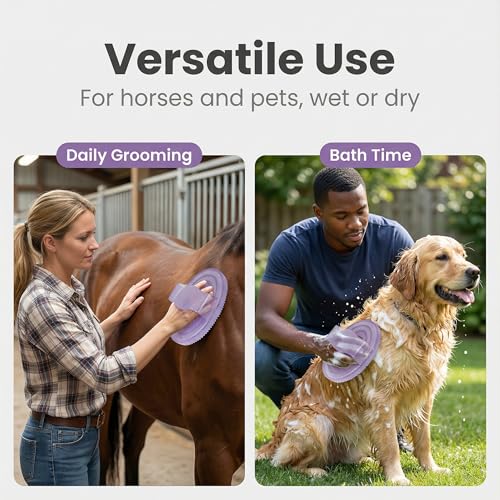 Rubber Curry Brush Purple Flexible Grooming Tool for Horses and Dogs, Comfortable Hand Strap, Helps Lift Loose Hair, Rinses Clean, Easy Grip - color: Purple