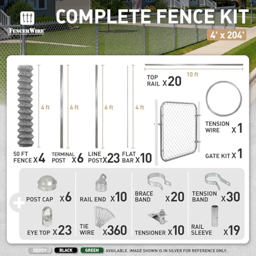 Fencer Wire 9 Gauge Durable Green Vinyl Coated Chain Link Fence Kit, Complete Fencing DIY Set w/Fence Fabric, Gate, Posts, Top Rails & Hardware for Yard, Garden & Animal Enclosures (4ft. x 204ft.) - color: Green, size: 204 FT