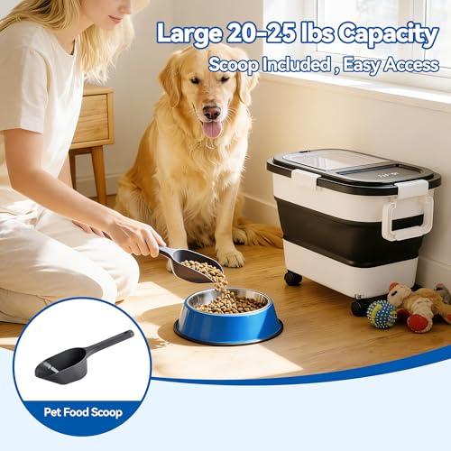 Dog Food Storage Container 20-25lbs, Airtight Pet Food Bin with Locking Lid & Clear Window, Collapsible Rolling Storage Container with Wheels and Scoop, Black - color: Black-M
