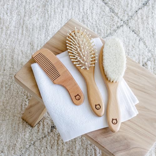 Wooden Hair Brush Set - Premium Baby Comb and Brush - Soft Natural Bristles - Organic Products - Perfect Registry Gift - Cradle Cap Brush for Newborns & Toddlers - color: 3 Pieces set - Oval