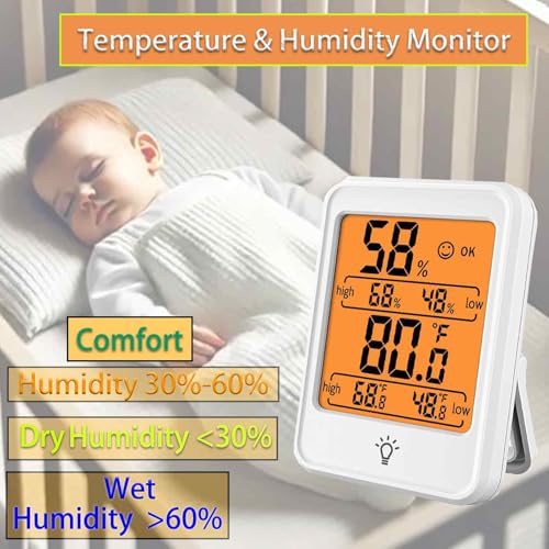 Digital Thermometer Hygrometer, Indoor Humidity Monitor with Backlight | Max/min record, magnetic mount. Ideal for baby room, bedroom, home, office, wine cellar, white