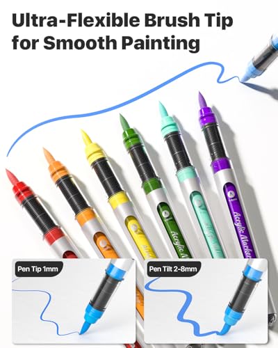 JusArt 72 Colors Acrylic Paint Markers Brush Tip, Automatic Ink Control | Water-Based Paint Pens with Canvas Bag, Waterproof Markers DIY Art & Crafts -Fabric, Rock, Wood, Glass, School Classroom Use - color: 72 Colors