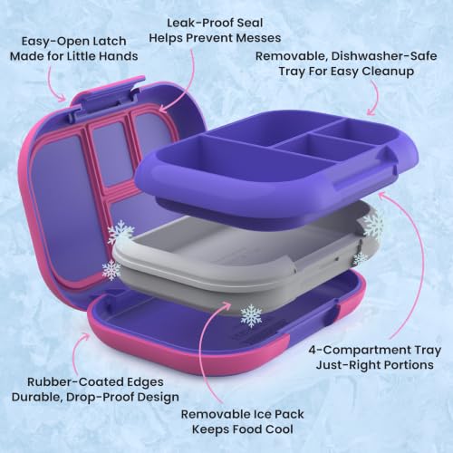Bentgo Chill Kids 4-Compartment Bento Box Leakproof Lunch Box | Built-In Ice Pack, 3.3 Cup Capacity, BPA-Free, Microwave & Dishwasher Safe Tray, Ideal for Ages 3–7 (Electric Violet) - color: Electric Violet