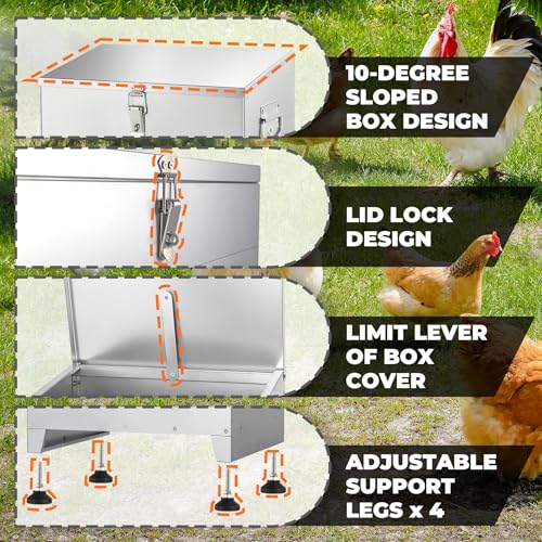 Chicken Feeder 85LB,6-Port Metal Poultry Feeder for Chickens, Poultry Coop | No Waste with Locking Lid&Riveted Handles,Adjustable Height,Large Capacity Rainproof Automatic Chicken Feeders
