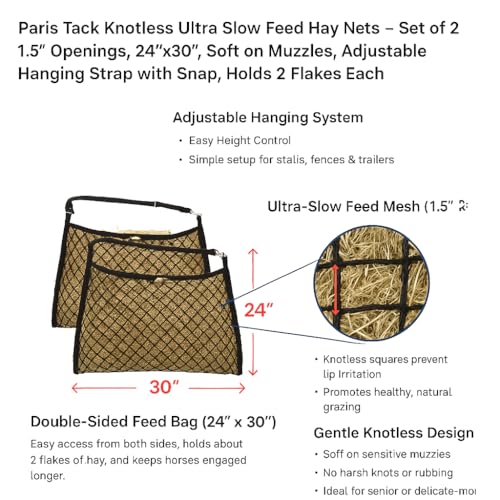 Knotless Ultra Slow Feed Hay Net Set of 2 – 1.5" Openings, Soft on Horse Muzzles, 24"x30", Holds 2 Flakes, Adjustable Hanging Strap with Snap, Ideal for Sensitive Mouths & Slow Feeding