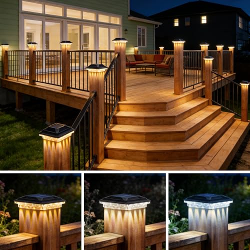 Solar Post Cap Lights for 4x4 Wood (Actual 3.5x3.5 in)/4x4 Vinyl Posts | 16 LEDs Outdoor Waterproof 3000/4500/6000K 3 Modes, Deck Post Cap Light for Garden, Patio, Porch,12 Pack - size: 12 Pack