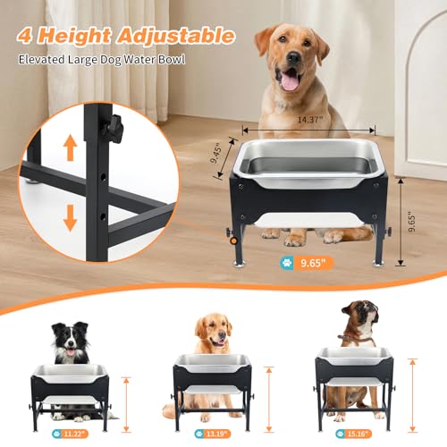 3 Gallon Elevated Dog Water Bowl, Raised Stand for Large Dogs | 4 Adjustable Heights, 9.65-15.16 in Stand, 3 Gallon Bowl, 14 x 10.6 x 5.9 in Size, Indoor Outdoor Use, Easy to Clean