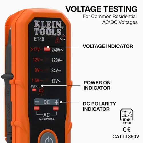 Klein Tools ET40 Digital AC/DC Voltage Tester, 12-240V AC, 1.5-24V DC, LED Illumination, DC Polarity, Auto Off, CAT III 250V-Class 2- Double Insulation, IP41 Dust and Water Resistant