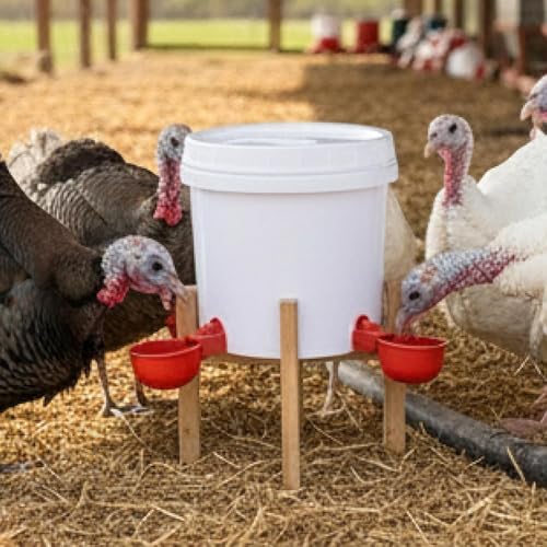 1 Gallon Chicken Waterer with Stand, 4 Cups and 4 Horizontal Nipples | Raised, lowered or hanging setup; top-fill bucket with handle; for chickens, ducks, geese, chicks and backyard coops